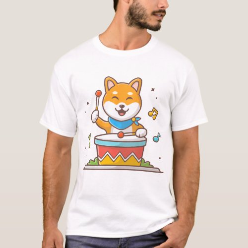 Cute dog playing drum with stick tune and notes o T_Shirt