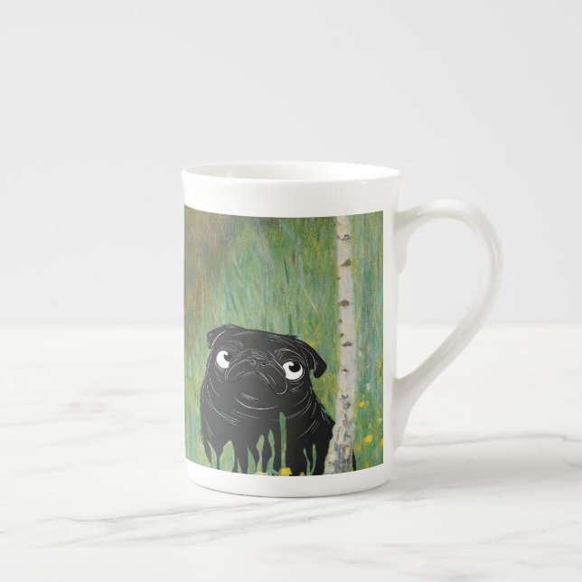 Cute Dog Pug Gustav Klimt Forest Bone China Mug (Right)