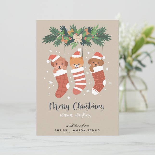 Cute Dog Puppies Merry Christmas Card (Standing Front)