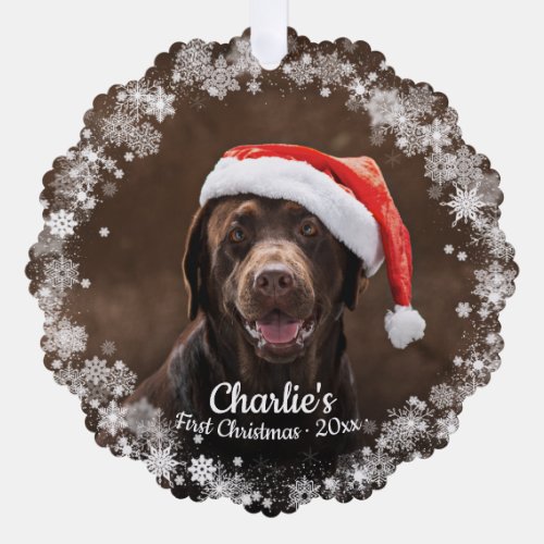 Cute Dog Puppy Pet First Christmas Photo Snowflake Ornament Card