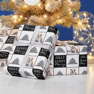 Cute Dog Puppy Pet Merry Black Christmas Tree Wrapping Paper