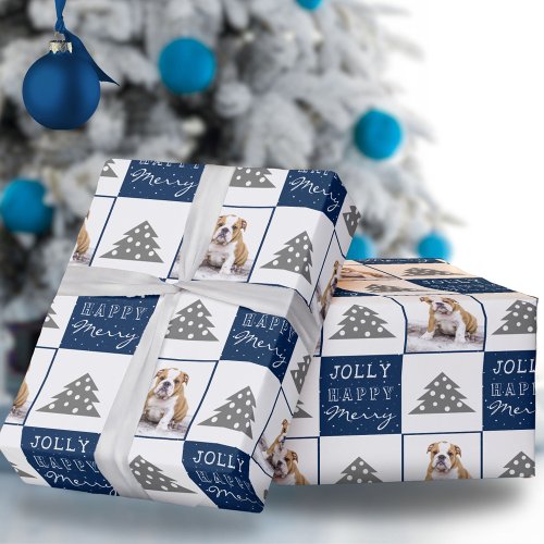 Cute Dog Puppy Pet Merry Blue Christmas Tree Wrapping Paper