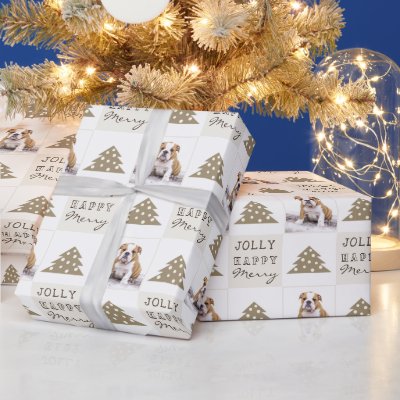 Cute Dog Puppy Pet Merry Christmas Tree Photo Wrapping Paper