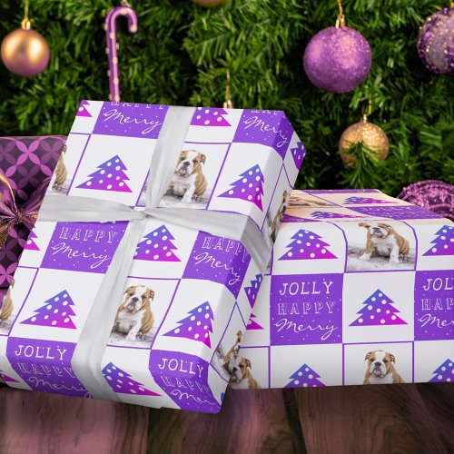 Cute Dog Puppy Pet Merry Purple Christmas Tree Wrapping Paper