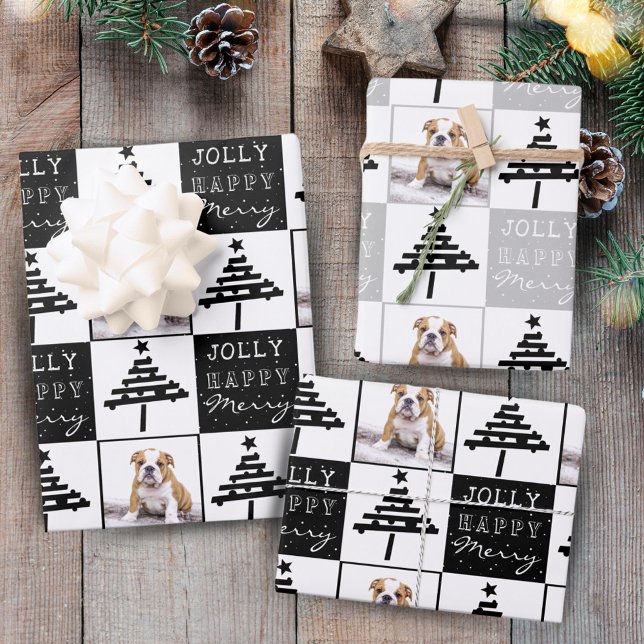 Cute Dog Puppy Pet Photo Black Christmas Tree Wrapping Paper Sheets (Creator Uploaded)