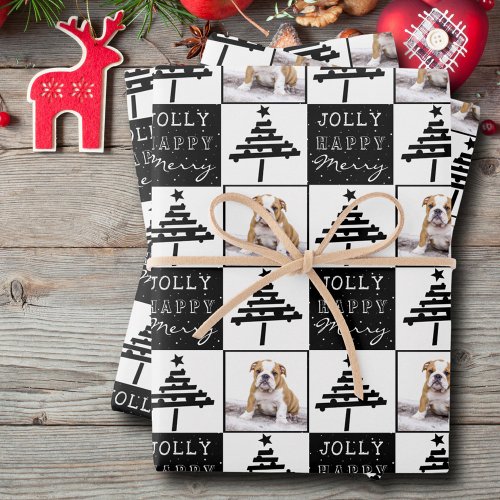 Cute Dog Puppy Pet Photo Black Christmas Tree Wrapping Paper Sheets