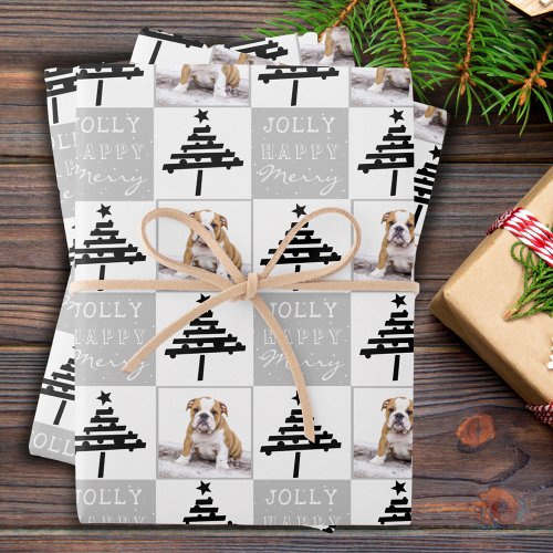 Cute Dog Puppy Pet Photo Black Christmas Tree Wrapping Paper Sheets