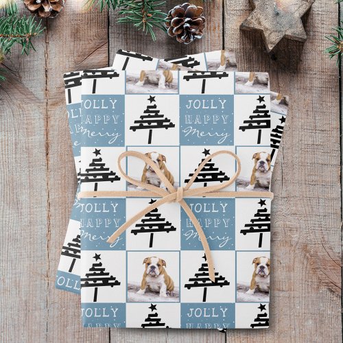 Cute Dog Puppy Pet Photo Blue Christmas Tree Wrapping Paper Sheets