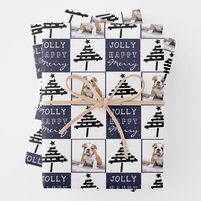 Cute Dog Puppy Pet Photo Blue Christmas Tree Wrapping Paper Sheets (In situ)
