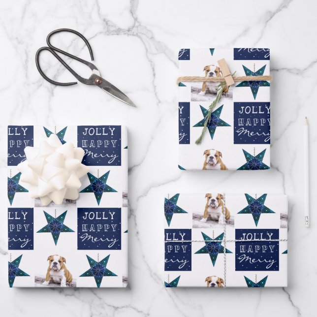 Cute Dog Puppy Pet Photo Festive Star Christmas Wrapping Paper Sheets (Front)