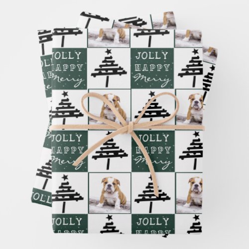 Cute Dog Puppy Pet Photo Green Christmas Tree Wrapping Paper Sheets