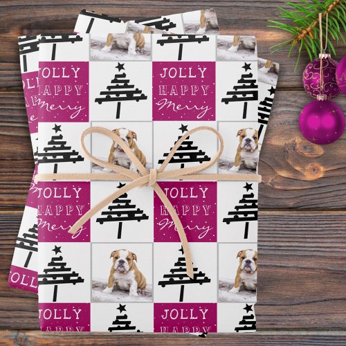 Cute Dog Puppy Pet Photo Purple Christmas Tree Wrapping Paper Sheets