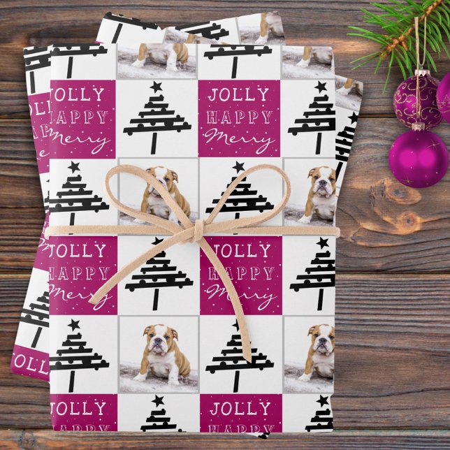 Cute Dog Puppy Pet Photo Purple Christmas Tree Wrapping Paper Sheets (Creator Uploaded)