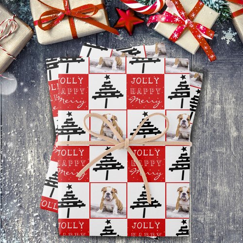 Cute Dog Puppy Pet Photo Red Christmas Tree Wrapping Paper Sheets