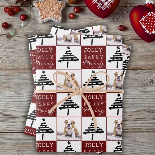 Cute Dog Puppy Pet Photo Red Christmas Tree Wrapping Paper Sheets