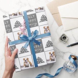 Cute Dog Puppy Pet Typography Christmas Tree Photo Wrapping Paper