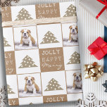 Cute Dog Puppy Pet Typography Christmas Tree Photo Wrapping Paper<br><div class="desc">Cute Dog Pet Typography Christmas Tree Photo Wrapping Paper. Beige and white background with snowflakes and a simple Christmas tree. White Merry, Happy, Jolly typography. The design has a custom photo of a dog puppy - insert your favorite dog or any other pet photo into the template and make your...</div>
