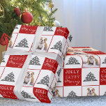 Cute Dog Puppy Pet Typography Christmas Tree Photo Wrapping Paper<br><div class="desc">Cute Cat Pet Typography Christmas Tree Photo Wrapping Paper. Red and white background with snowflakes and a simple Christmas tree. White Merry, Happy, Jolly typography. The design has a custom photo of a dog puppy - insert your favorite dog or any other pet photo into the template and make your...</div>