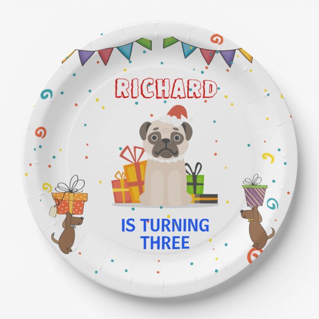 Cute Dog Puppy Themed Kid's Birthday Party Paper Plates (Front)