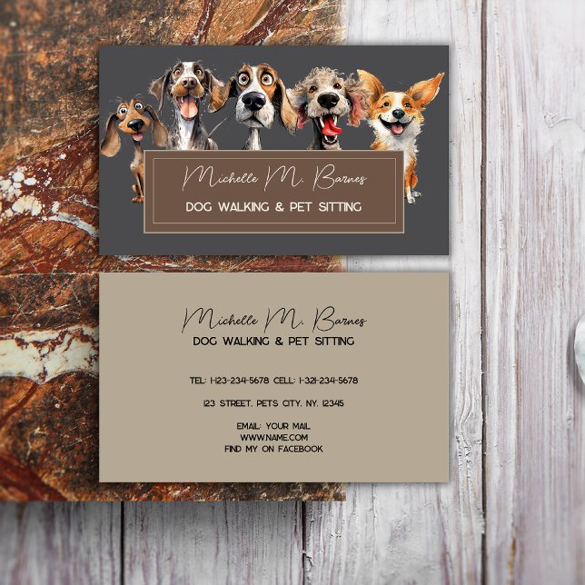 Cute Dog Puppy Walker Groomer Grey Professional Business Card (Creator Uploaded)