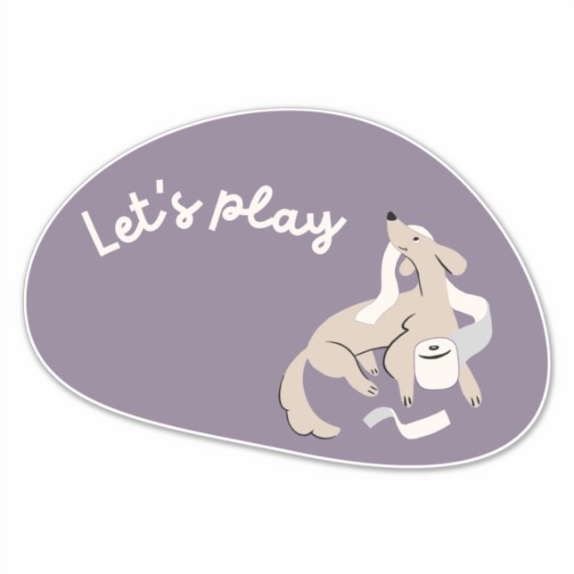 Cute dog, purple, "let's play!" sticker (Front)