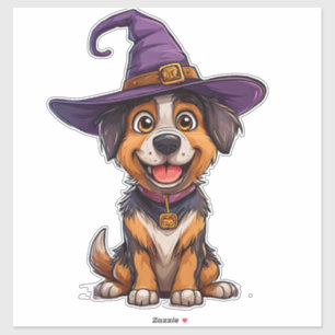 Cute Dog Purple Wizard Hat Halloween Gift Sticker