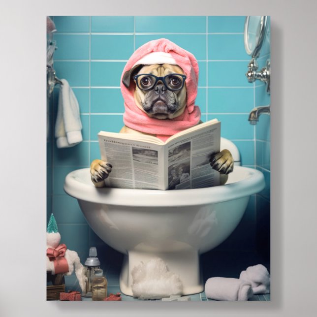 Cute Dog Reading Newspaper In Bathroom Acrylic Photo Tile (Front Set)