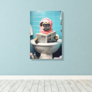 Cute Dog Reading Newspaper in Bathroom Canvas Print