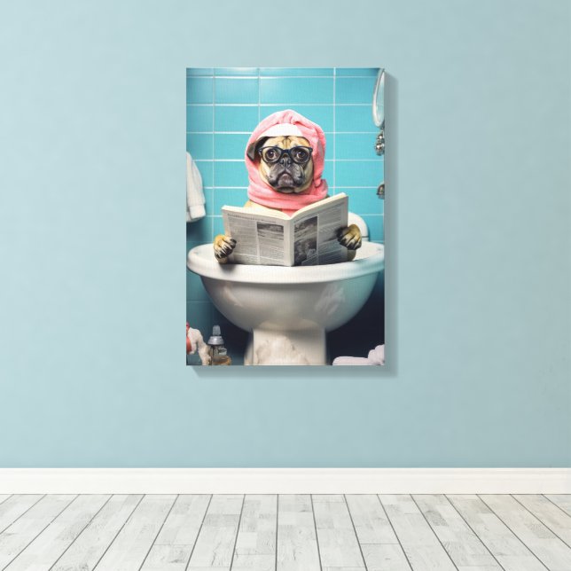 Cute Dog Reading Newspaper in Bathroom Canvas Print (Insitu(Wood Floor))