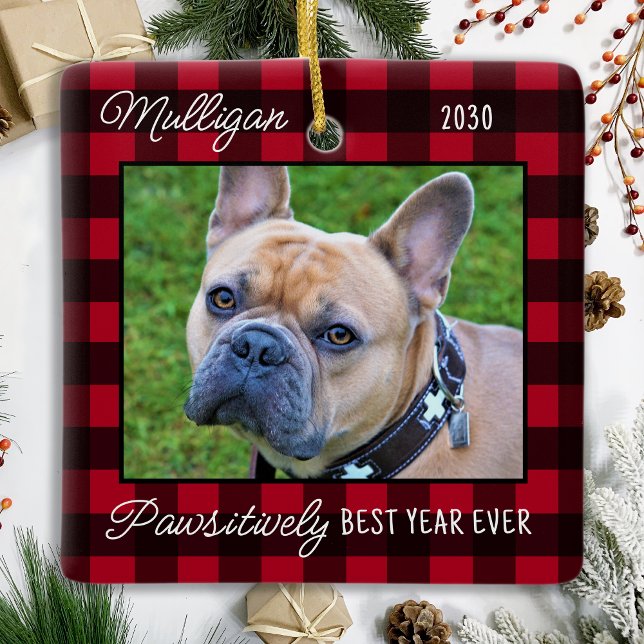 Cute Dog Red Red Plaid Christmas Custom Pet Photo  Ceramic Ornament (Creator Uploaded)