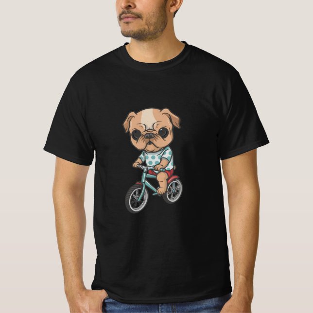 cute dog ride a bicycle wearing clothes, funny T-Shirt (Front)