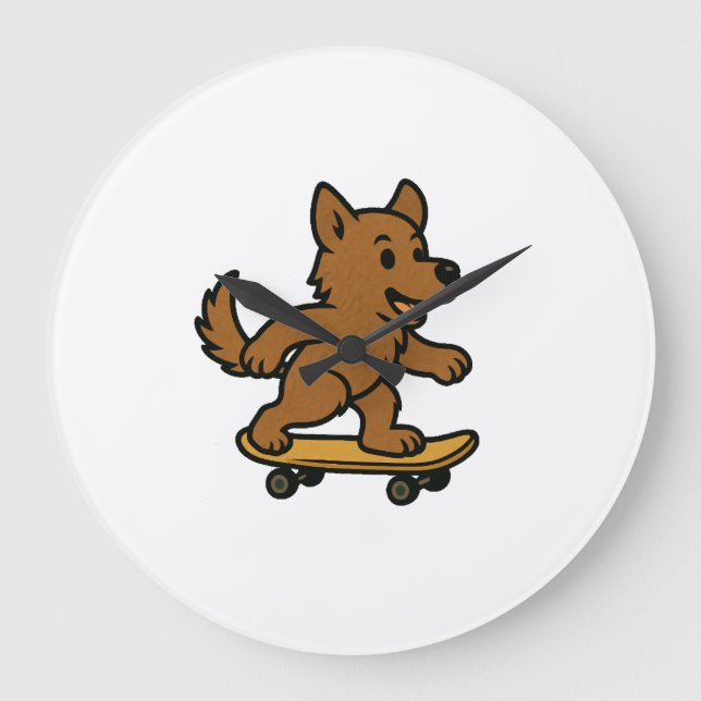 Cute Dog riding Skateboard Large Clock (Front)