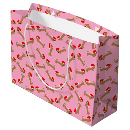 Cute Dog Santa Dachshund Pattern Pink Christmas Large Gift Bag