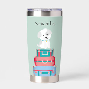 Cute Dog Sat on Suitcases Personalised Insulated Tumbler