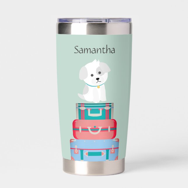 Cute Dog Sat on Suitcases Personalised Insulated Tumbler (Front)