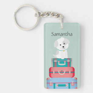 Cute Dog Sat on Suitcases Personalised Keychain