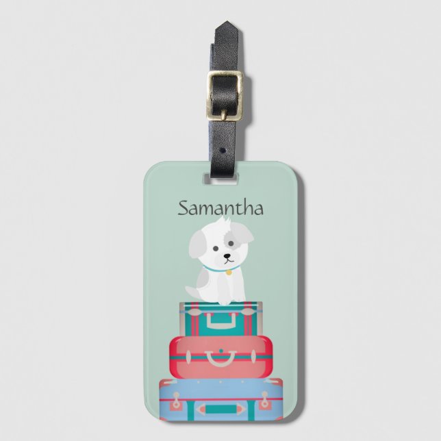Cute Dog Sat on Suitcases Personalised Luggage Tag (Front Vertical)