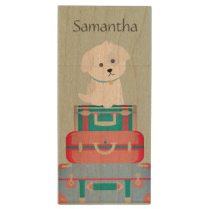 Cute Dog Sat on Suitcases Personalised Wood Flash Drive