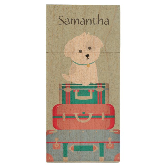 Cute Dog Sat on Suitcases Personalised Wood Flash Drive (Back (Vertical))