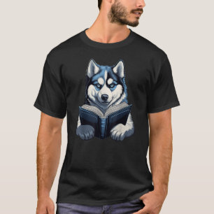 Cute Dog Siberian Husky Reading Book T-Shirt