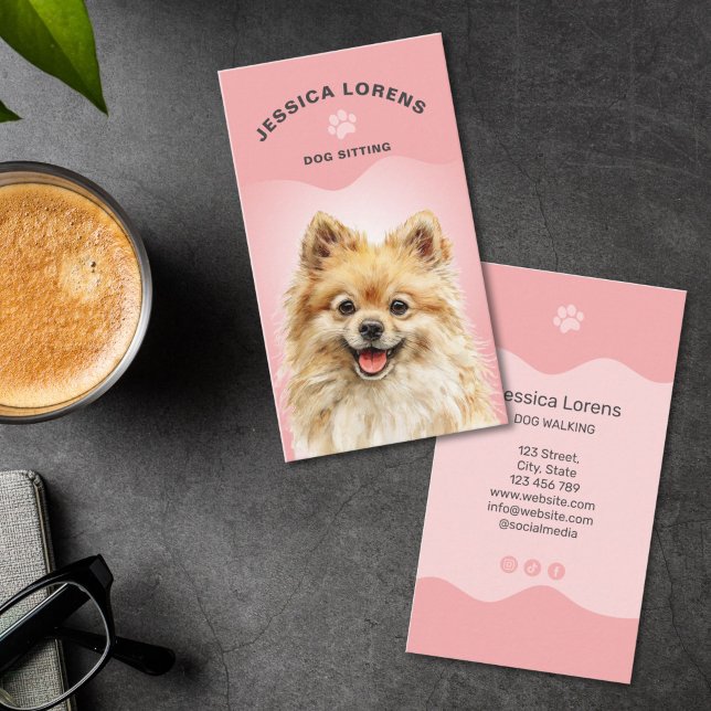 Cute Dog Sitter, Pet Groomer, Dog Walker Business Card (cute pet sitter business card with paw print and watercolor dog illustration)