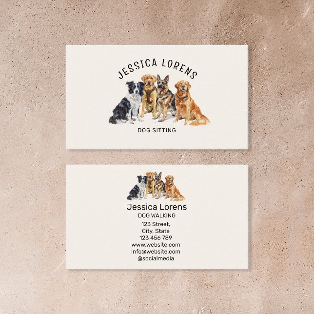 Cute Dog Sitter, Pet Groomer, Veterinarian, Puppy  Business Card (collie, labrador, gernan shepherd, golden retriever)