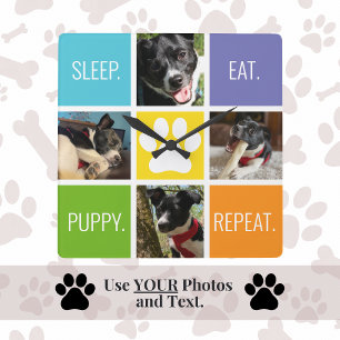 Cute Dog Sleep Eat Repeat Animal Lover's Modern  Square Wall Clock