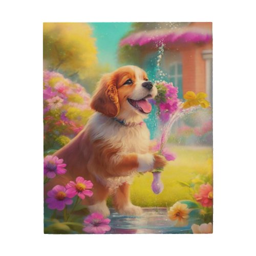  cute dog spraying flowers with water wood wall art