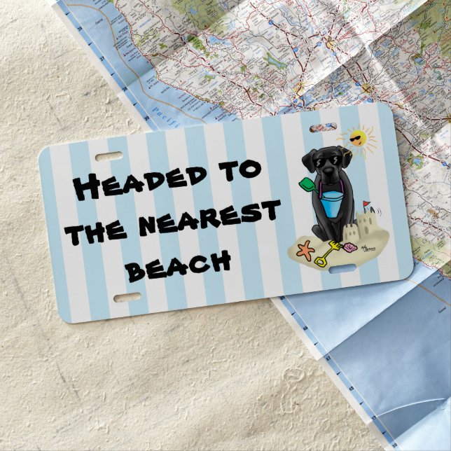 Cute Dog - Summer Beach Black Labrador Retriever License Plate (In Situ)