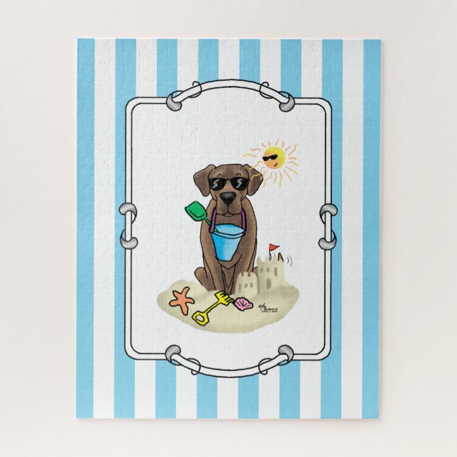 Cute Dog Summer Beach Chocolate Labrador Retriever Jigsaw Puzzle (Vertical)