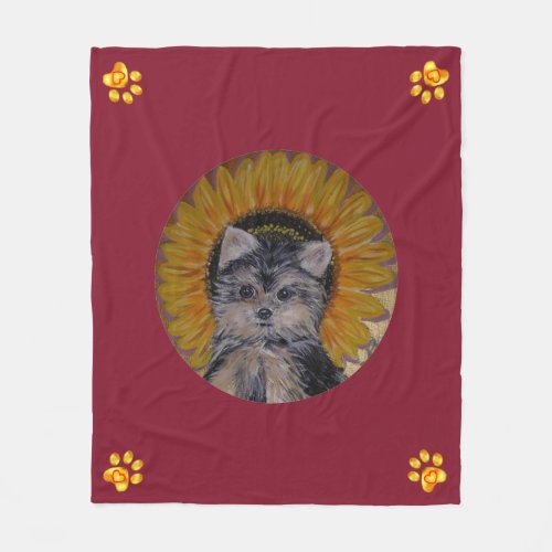 Cute Dog Sunflower and Gold Paws Fleece Blanket