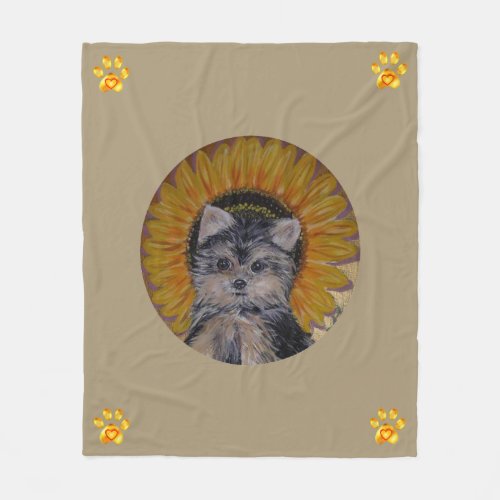 Cute Dog Sunflower and Gold Paws Fleece Blanket