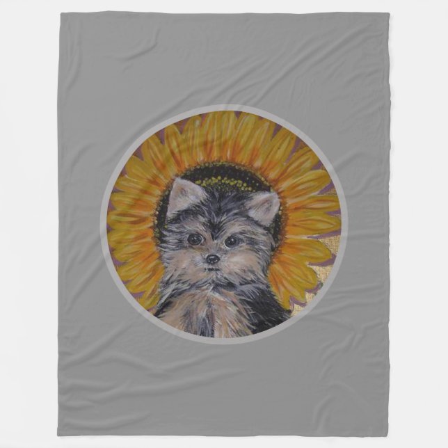 Cute Dog, Sunflower on Silver Gray Fleece Blanket (Front)