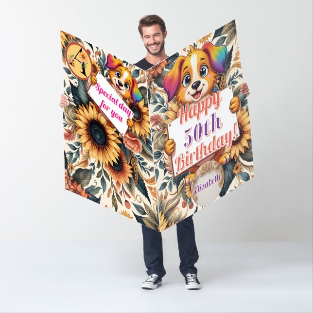 Cute Dog|Sunflowers Floral  Personalized  Card (In Situ)